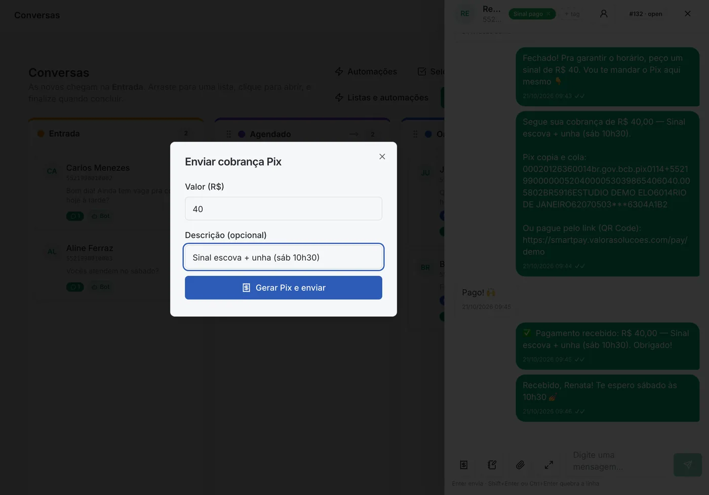 Janela Enviar cobrança Pix do Valora Elo aberta sobre a conversa, com valor e descrição preenchidos e o botão Gerar Pix e enviar