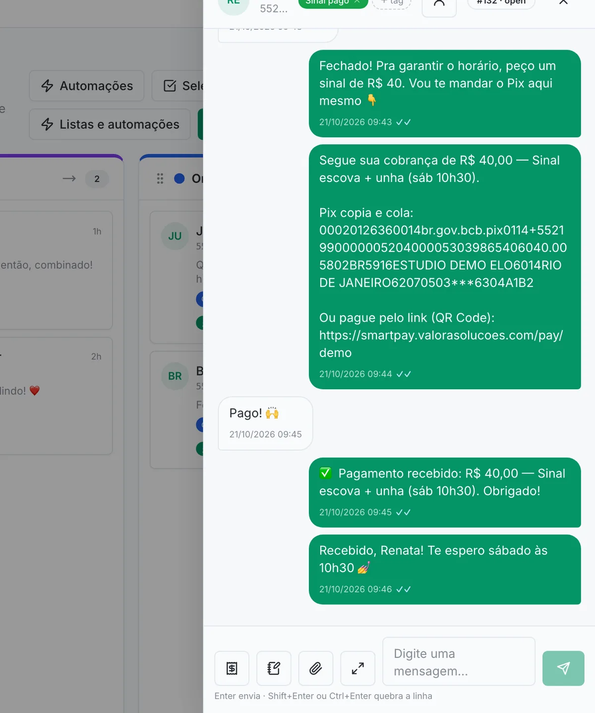 Conversa de WhatsApp dentro do Valora Elo em que o sinal é cobrado por Pix, o cliente responde Pago e a confirmação de pagamento aparece no mesmo chat
