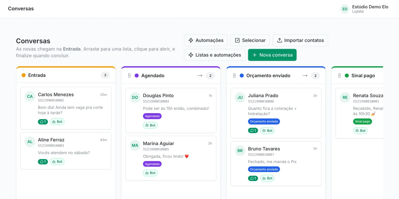 Funil de conversas do Valora Elo: cards de clientes de WhatsApp organizados em listas como Entrada, Orçamento enviado e Sinal pago, com última mensagem e etiquetas
