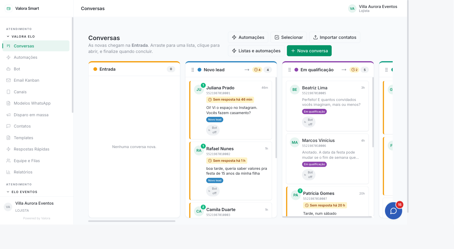 Funil do Elo Eventos com as listas Novo lead, Em qualificação, Data verificada, Proposta enviada e Data fechada