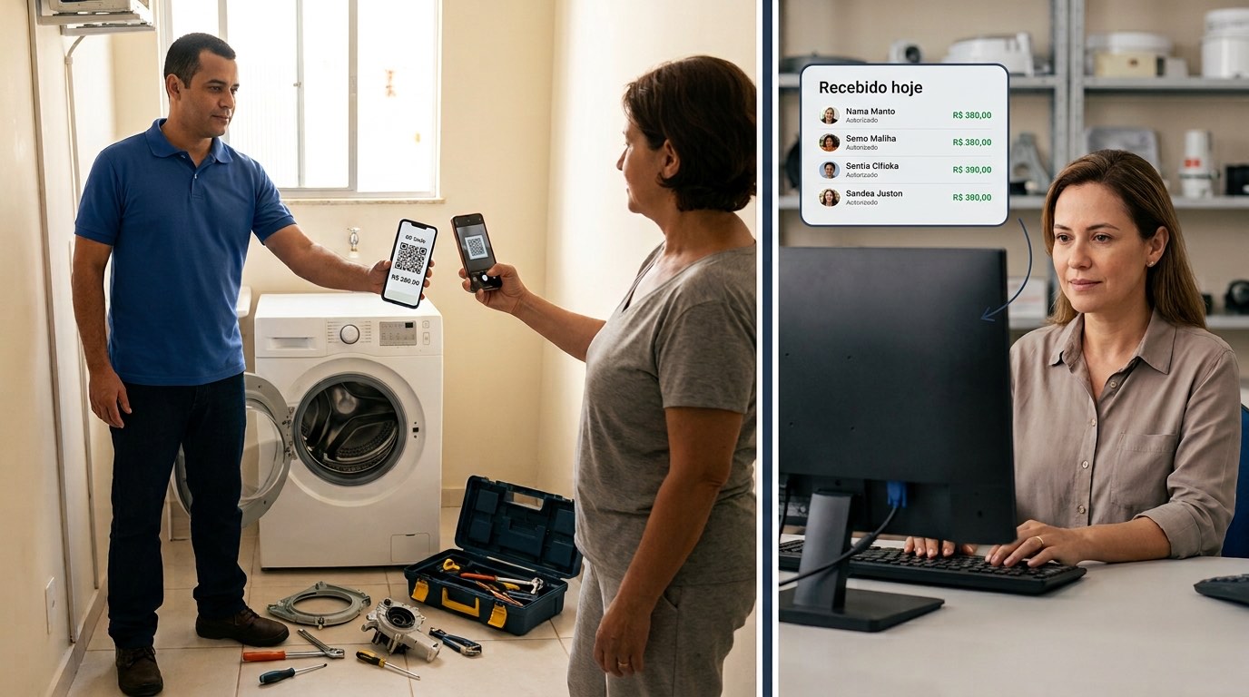 Técnico de assistência técnica mostra o QR de cobrança na tela do próprio celular para a cliente, que lê o código com o celular dela, na área de serviço de uma casa.