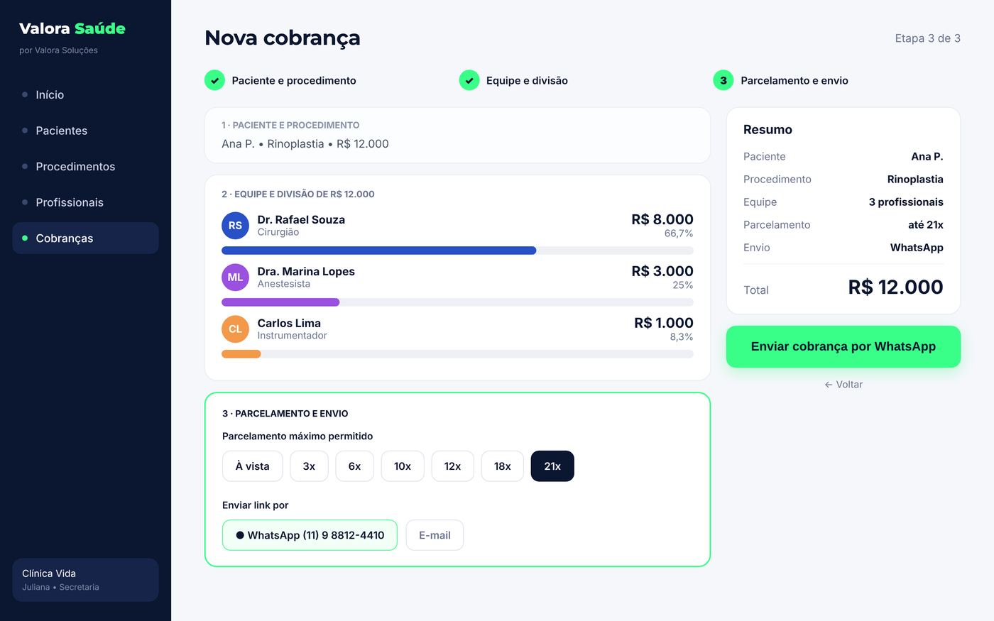 Tela de nova cobrança com divisão entre profissionais