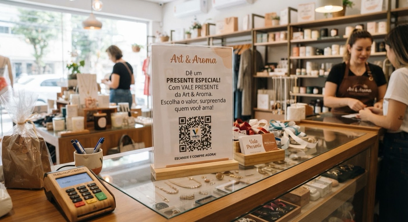 Plaquinha de vale presente num acrílico sobre o balcão de uma loja, com o QR Code para comprar.