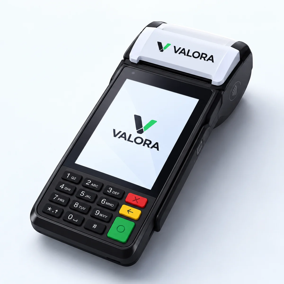Maquininha de cartão Valora Pay com impressora branca, teclado e tela com a marca Valora