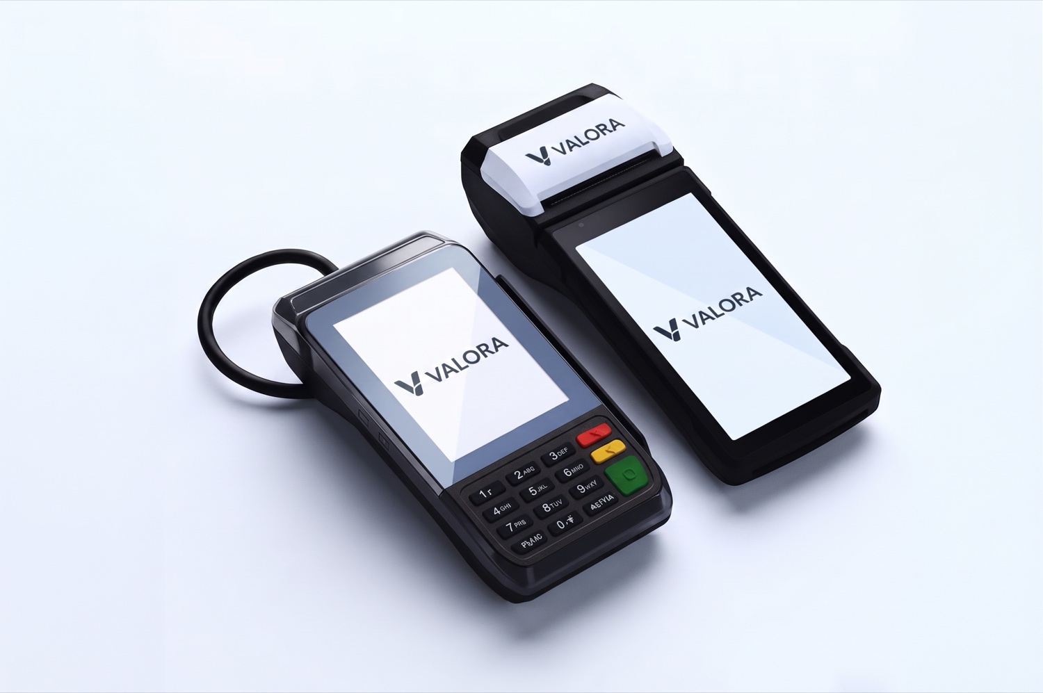 Duas maquininhas Valora: uma de balcão com teclado e outra com tela grande e impressora de comprovante.